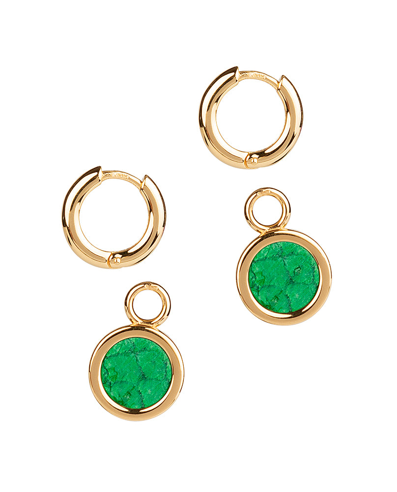 Sisters Earrings Gold with neon green fish leather